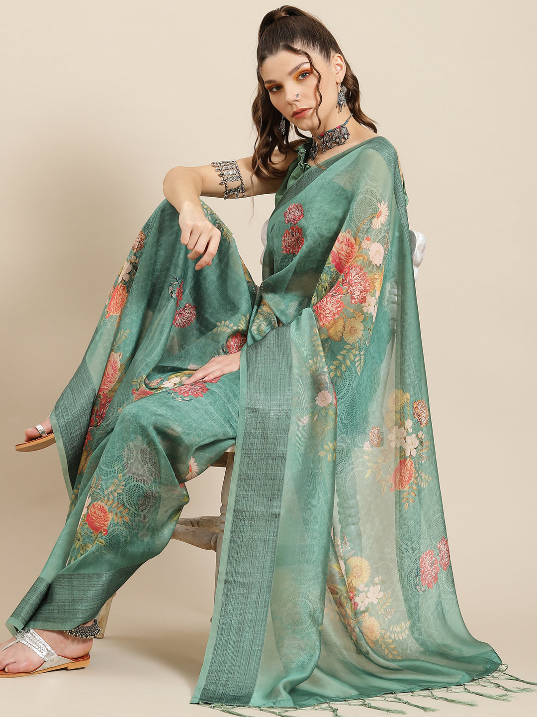Women's Green Floral Print Organza Saree With Blouse Piece - Aks