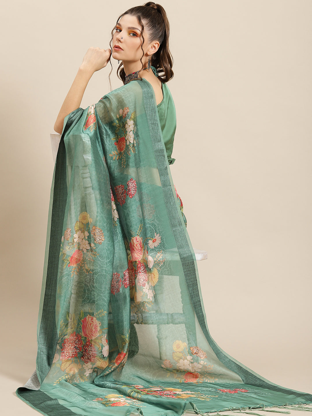 Women's Green Floral Print Organza Saree With Blouse Piece - Aks