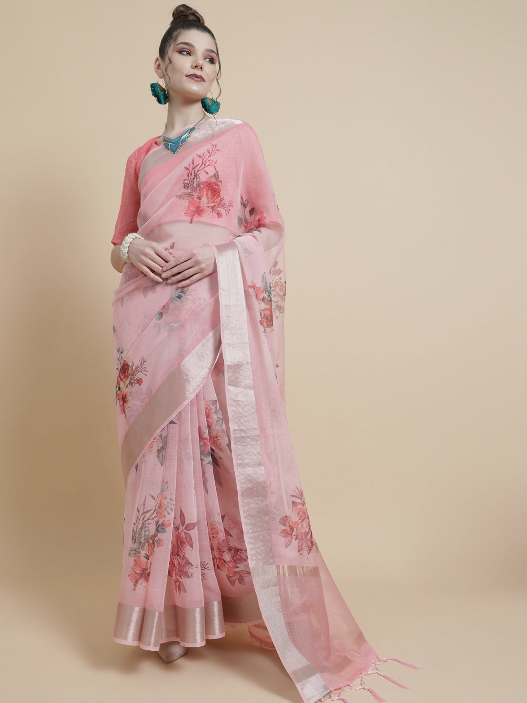 Women's Pink Floral Print Saree With Blouse Piece - Aks