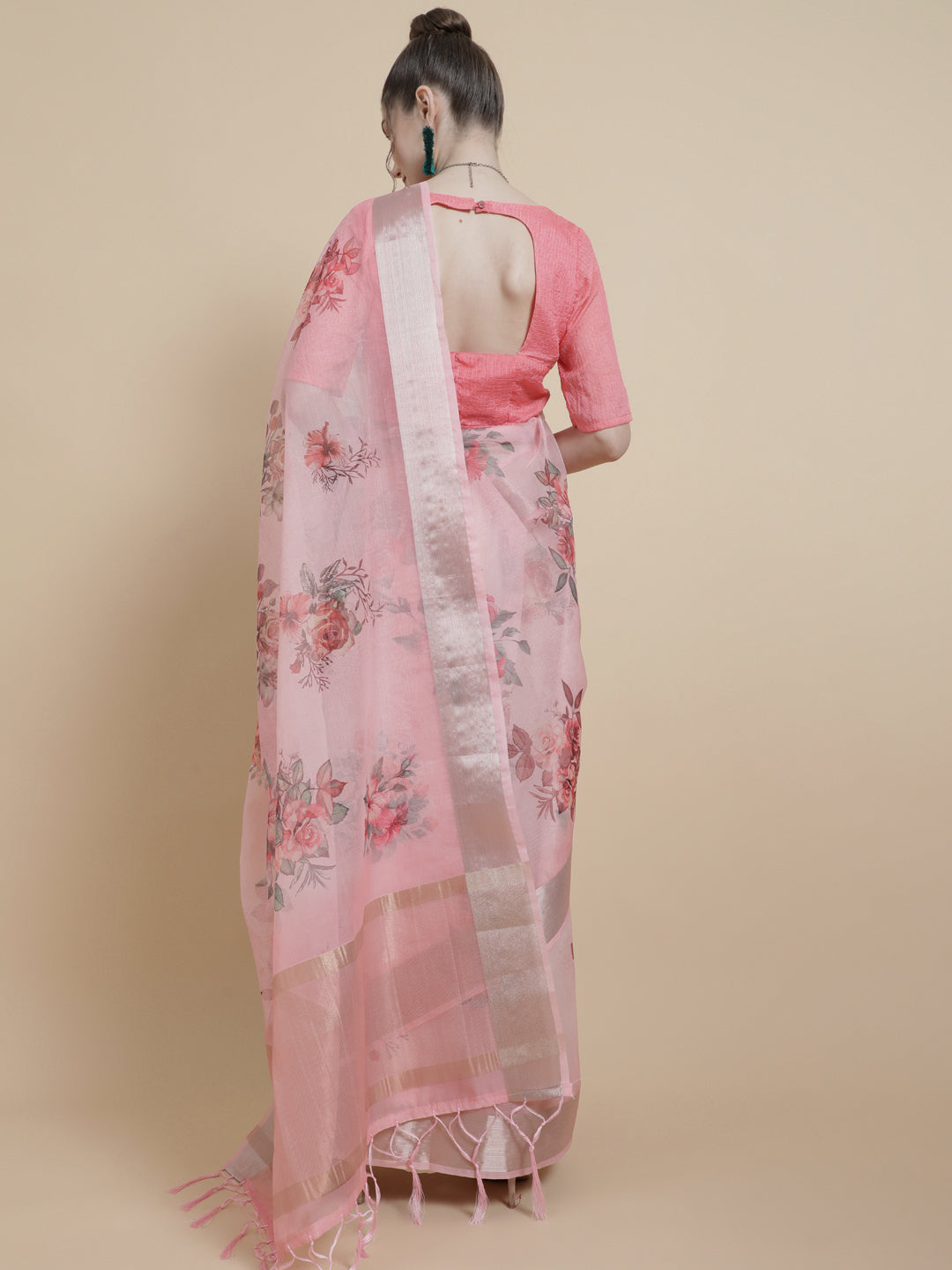 Women's Pink Floral Print Saree With Blouse Piece - Aks