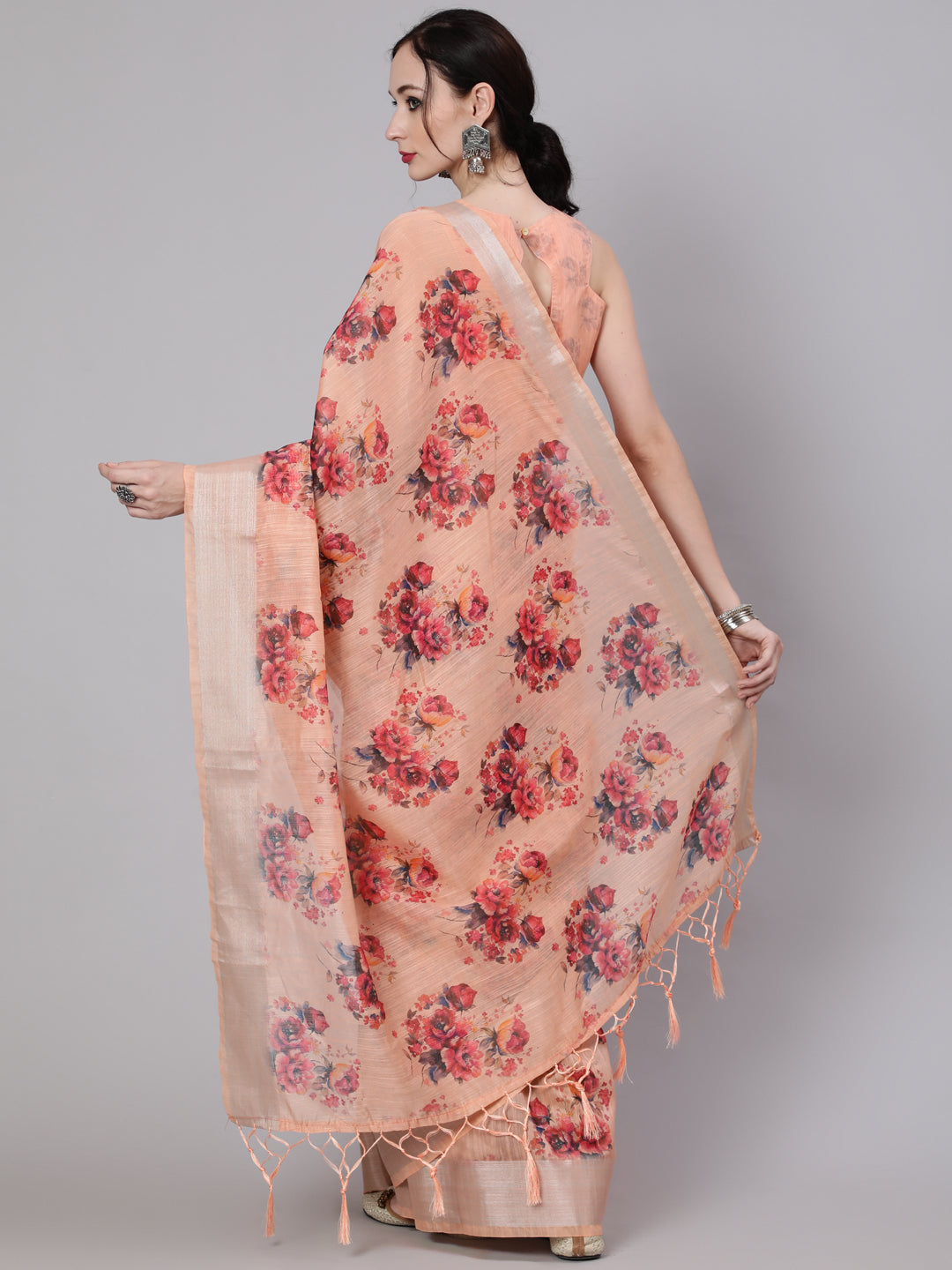 Women's Peach Floral Print Saree With Blouse Piece - Aks
