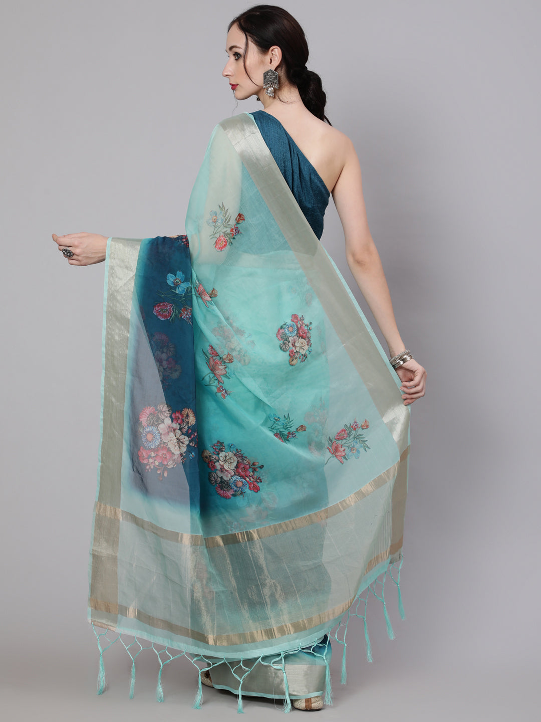 Women's Teal Blue Floral Print Saree With Blouse Piece - Aks