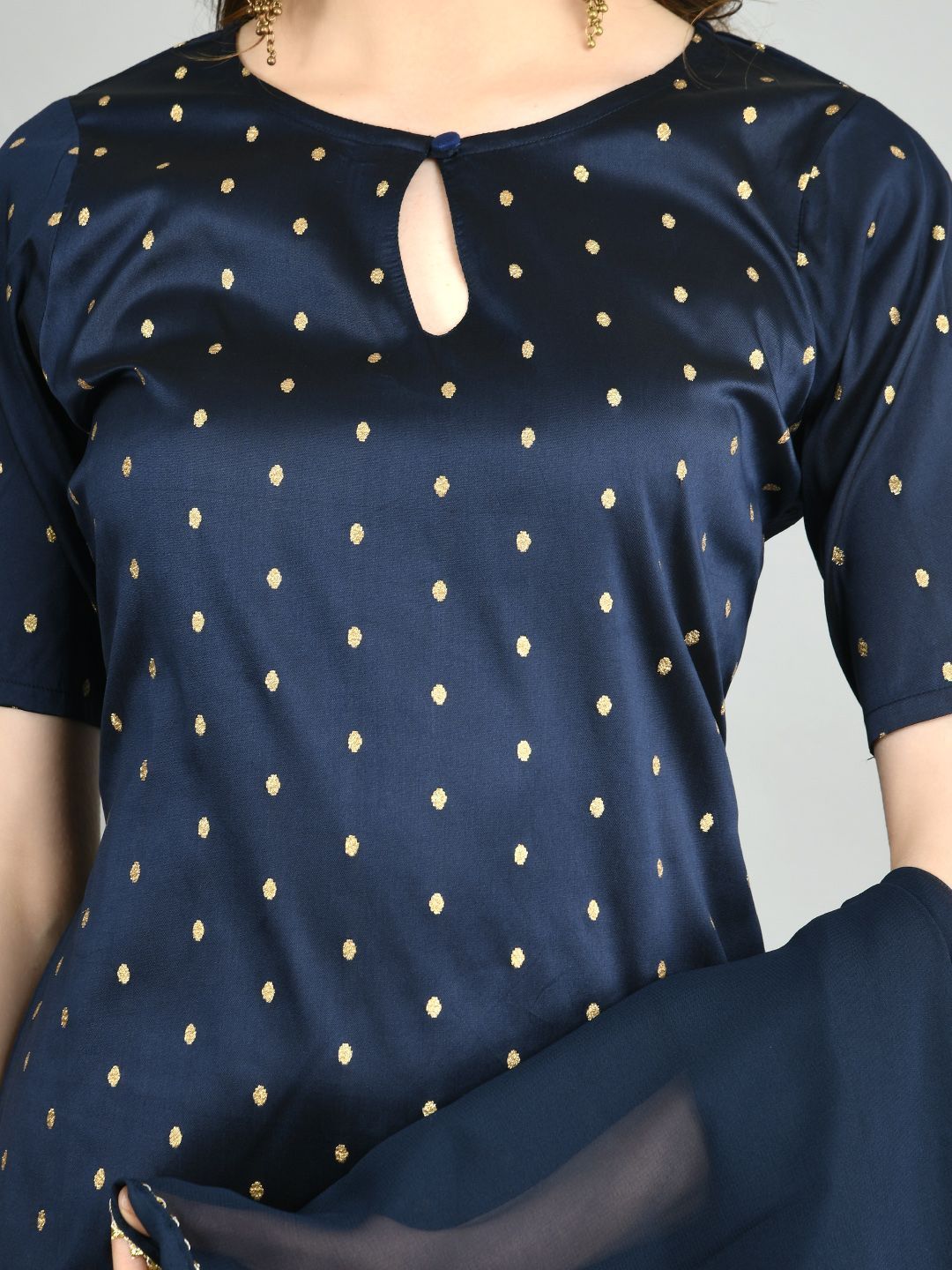 Women's Navy Blue Polyester Printed Half Sleeve Round Neck Casual Kurta Pant Dupatta Set - Myshka