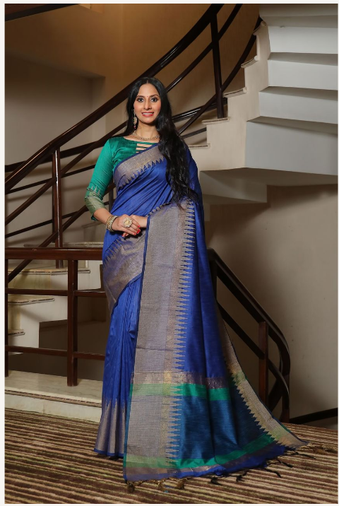 Women's Blue Raw Silk Zari Woven Saree With Blouse - Vishnu Weaves