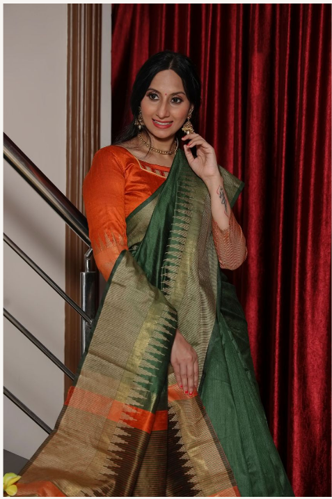 Women's Green Raw Silk Zari Woven Saree With Blouse - Vishnu Weaves