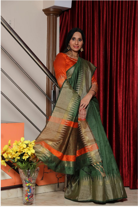 Women's Green Raw Silk Zari Woven Saree With Blouse - Vishnu Weaves