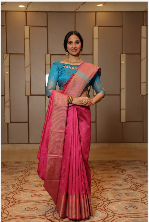 Women's Pink Raw Silk Zari Woven Saree With Blouse - Vishnu Weaves