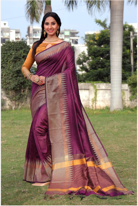 Women's Wine Raw Silk Zari Woven Saree With Blouse - Vishnu Weaves