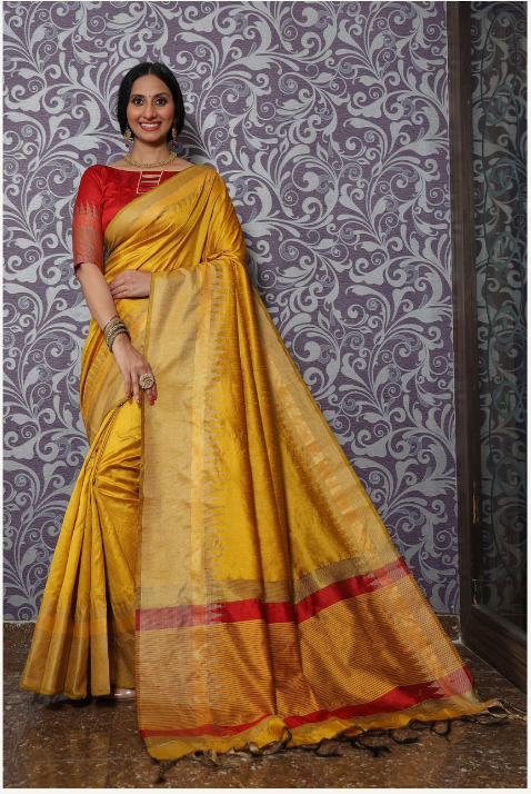 Women's Yellow Raw Silk Zari Woven Saree With Blouse - Vishnu Weaves