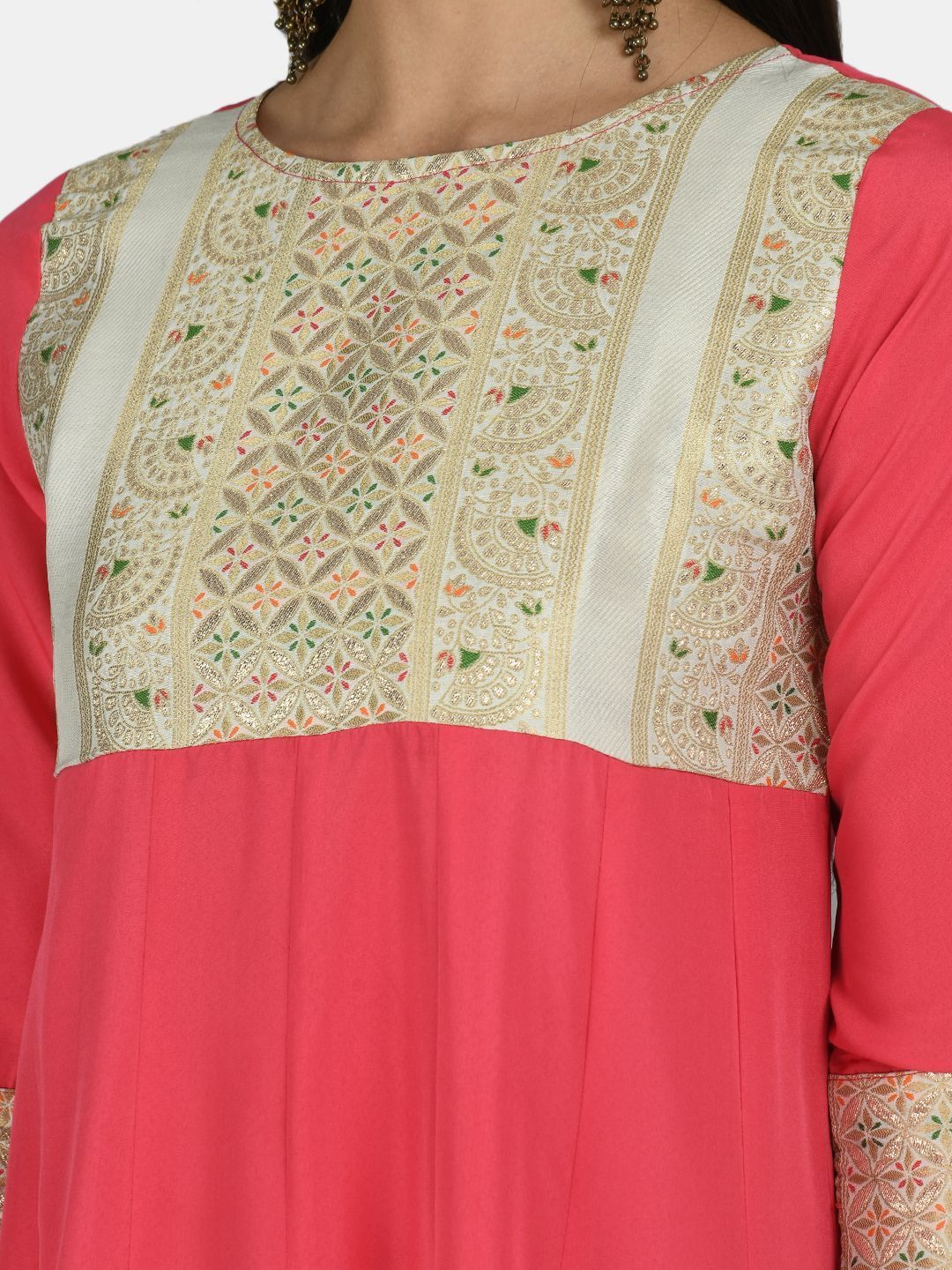Women's Pink Rayon Printed 3/4 Sleeve Round Neck Casual Anarkali Dupatta Set - Myshka