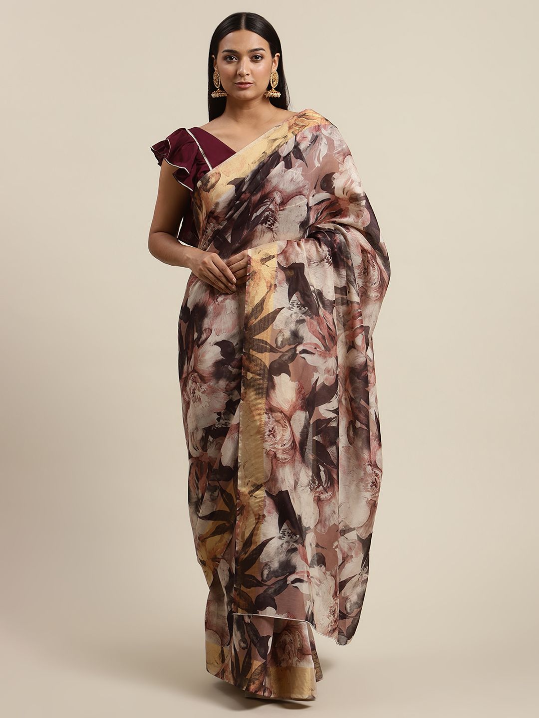 Women's Multi Color Chanderi Digital Print Floral Saree - Ahalyaa