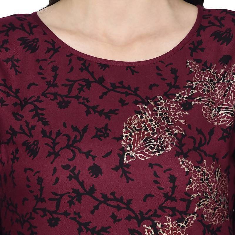 Women's Maroon Rayon Block print straight kurta