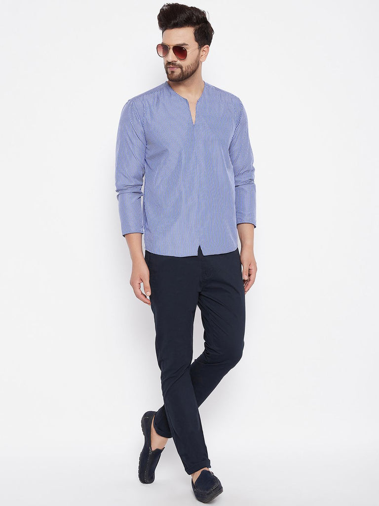 Men's  Blue Solid Cotton Kurta