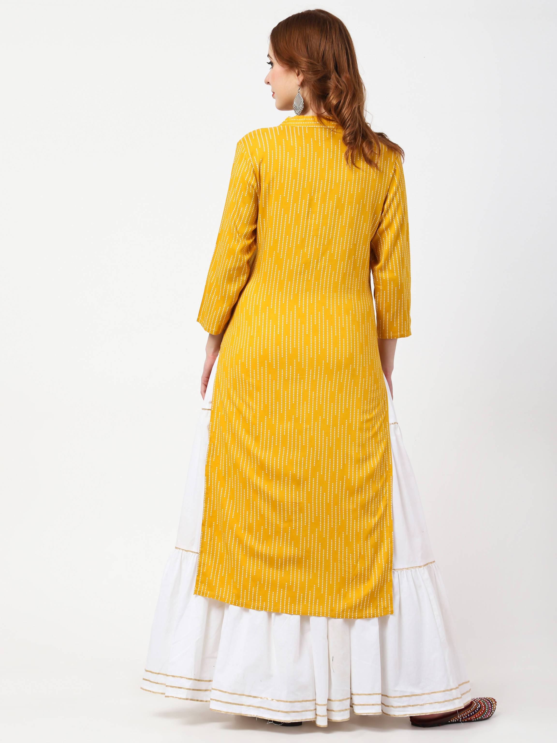 Women's Mustard Yellow & White Rayon Cotton Kurta Skirt & Dupatta Set - Cheera