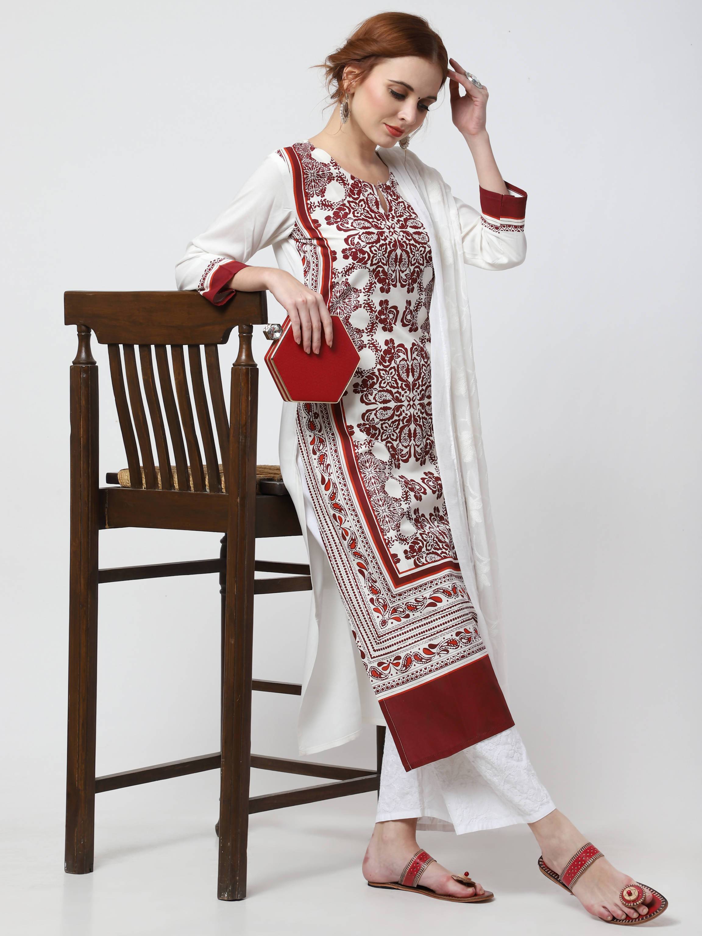 Women's Off-White Viscose Rayon Kurta & Chikankari Palazzo Pant Set - Cheera