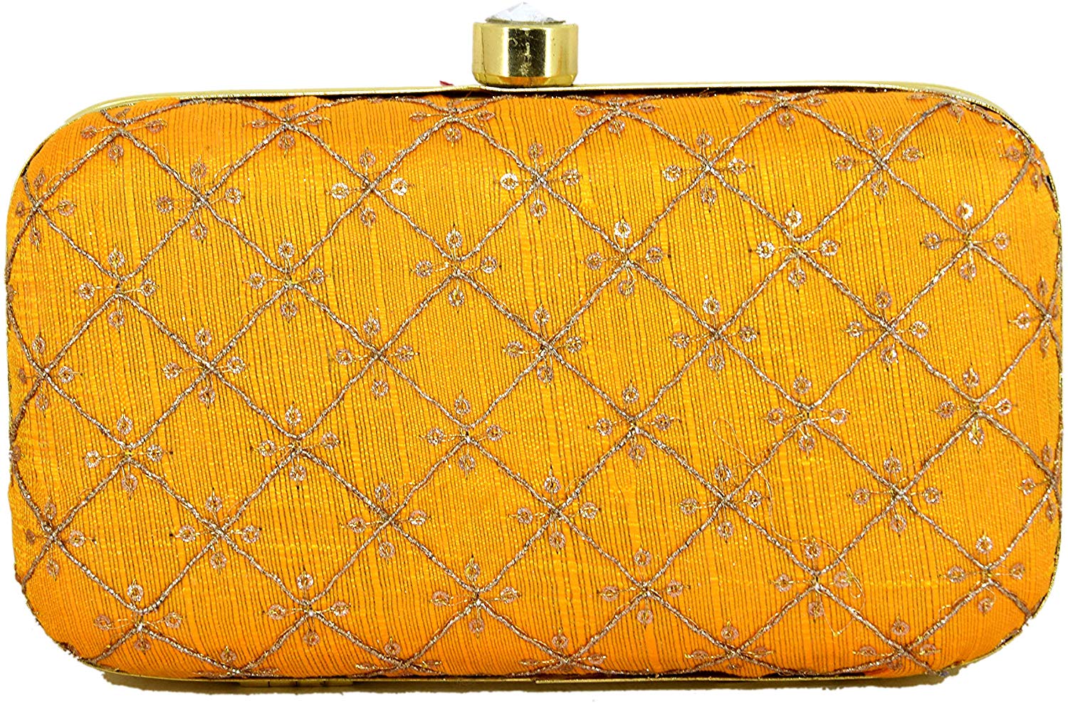 Women's Yellow Color tulle Embroidered Faux Silk Clutch - VASTANS