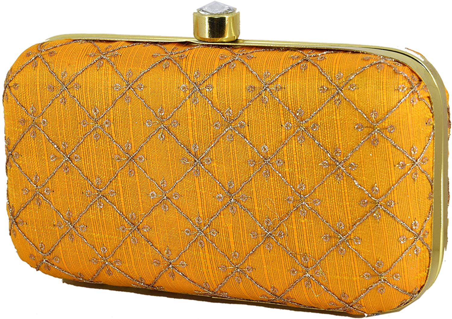 Women's Yellow Color tulle Embroidered Faux Silk Clutch - VASTANS