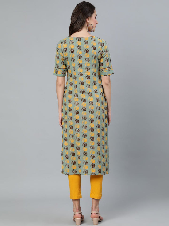 Women's Green & Brown Printed Straight Kurta