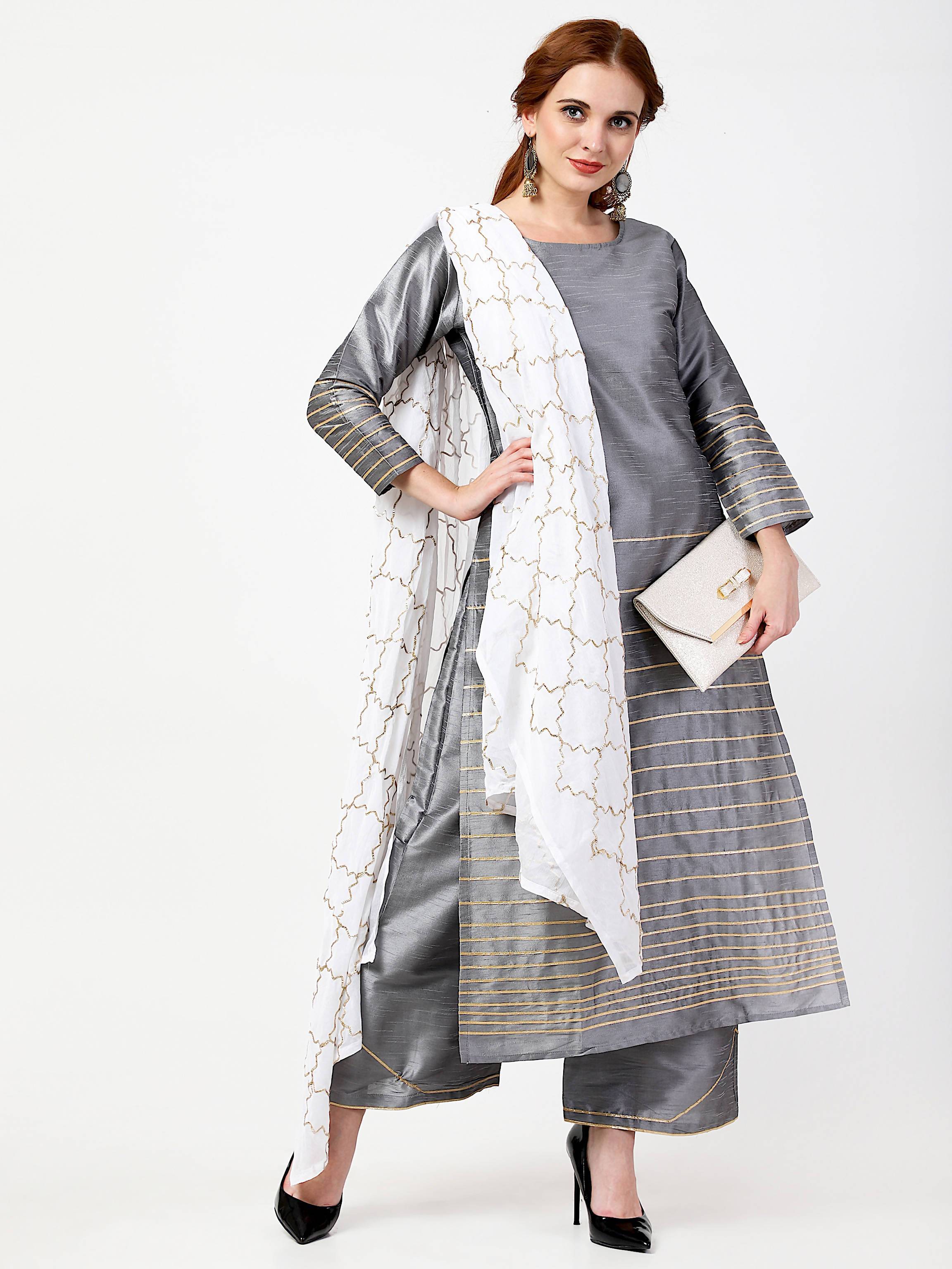 Women's Grey Kurta With Palazzo & Embroidered Dupatta Set - Cheera