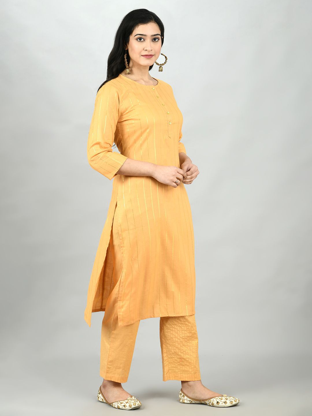 Women's Mustrd Polyester Solid 3/4 Sleeve Round Neck Casual Kurta Pant Dupatta Set - Myshka
