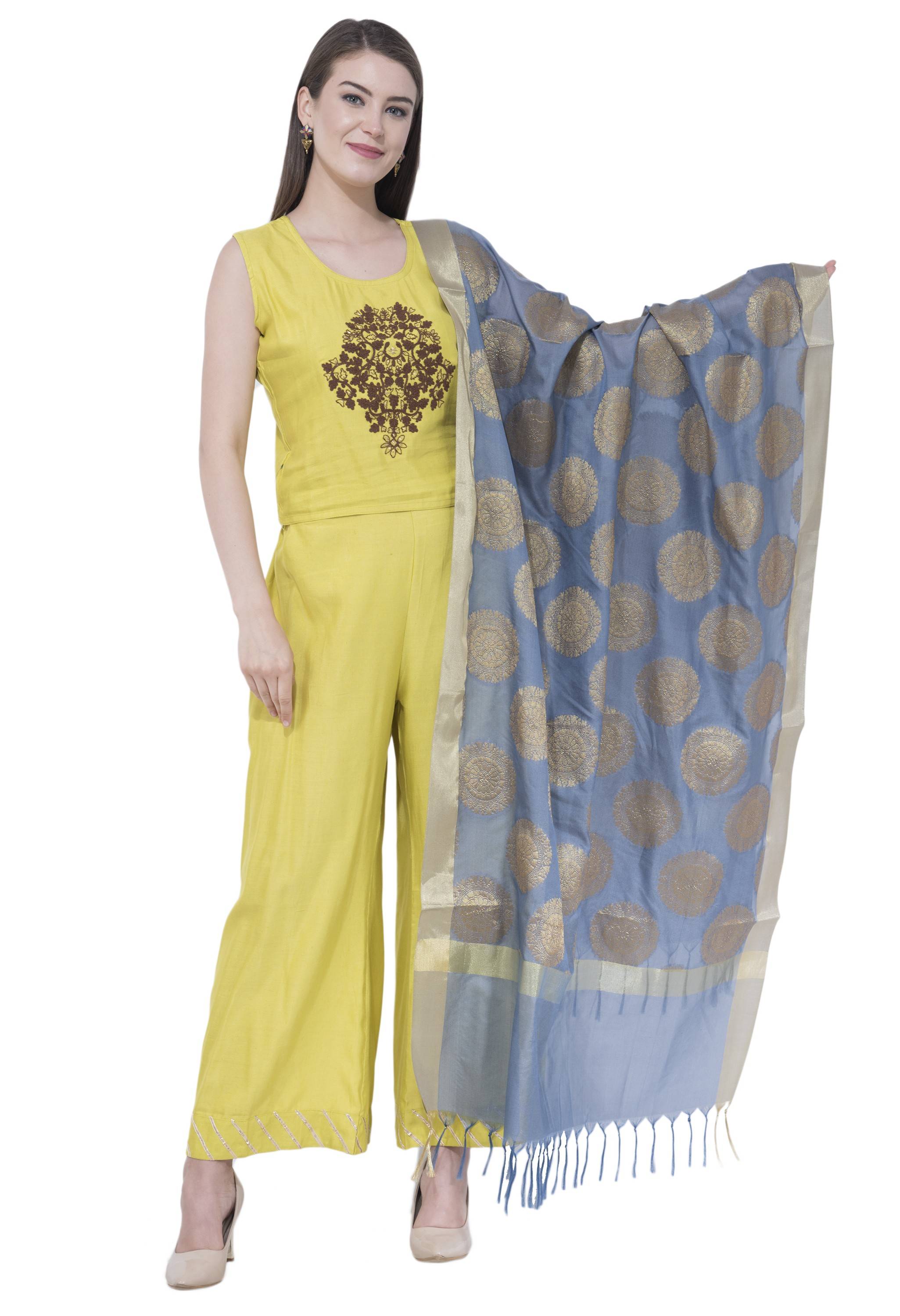 A R Silk Women's Zari Embroidery Vanarsi Silk Gray Dupattas and Chunnis