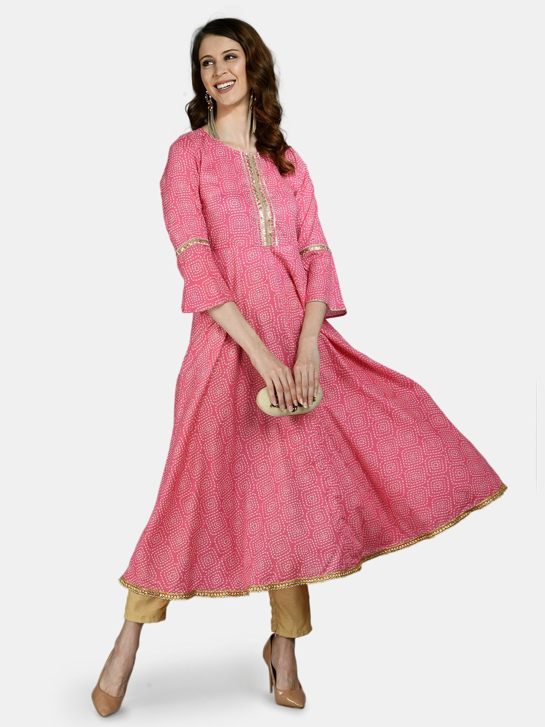 Women's Pink Cotton Printed 3/4 Sleeve Round Neck Casual Anarkali kurta - Myshka