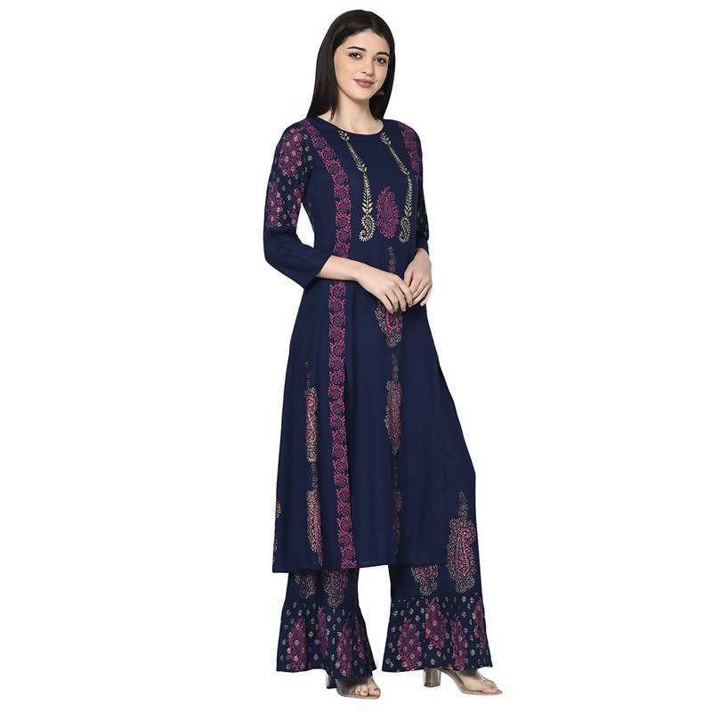 Women's Rayon Block print A-line flared long kurta with two front slits