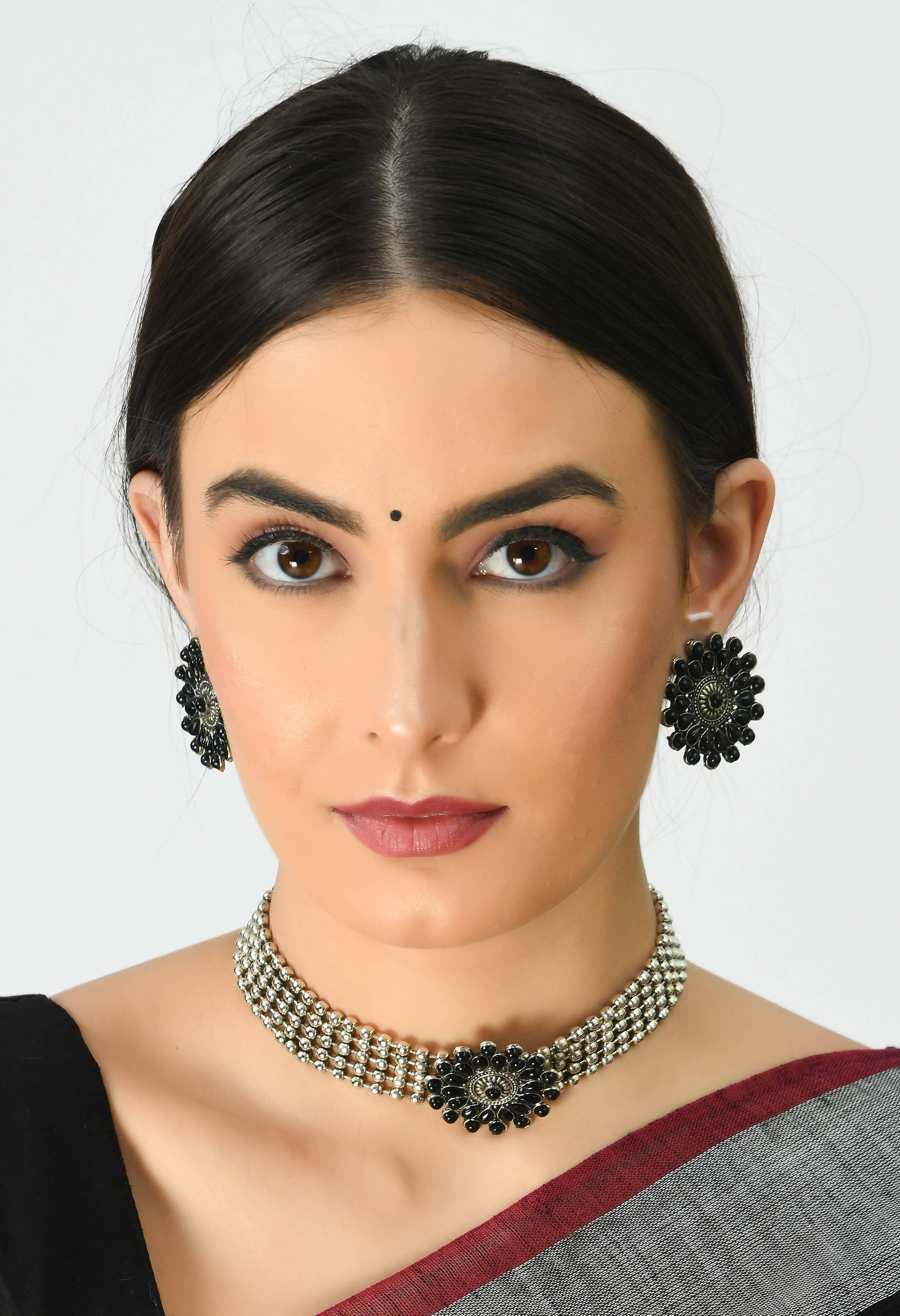 Johar Kamal Oxidised Silver-Plated Black Color Chokar Necklace with Earrings Jkms_137