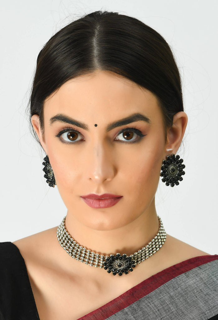 Johar Kamal Oxidised Silver-Plated Black Color Chokar Necklace with Ear