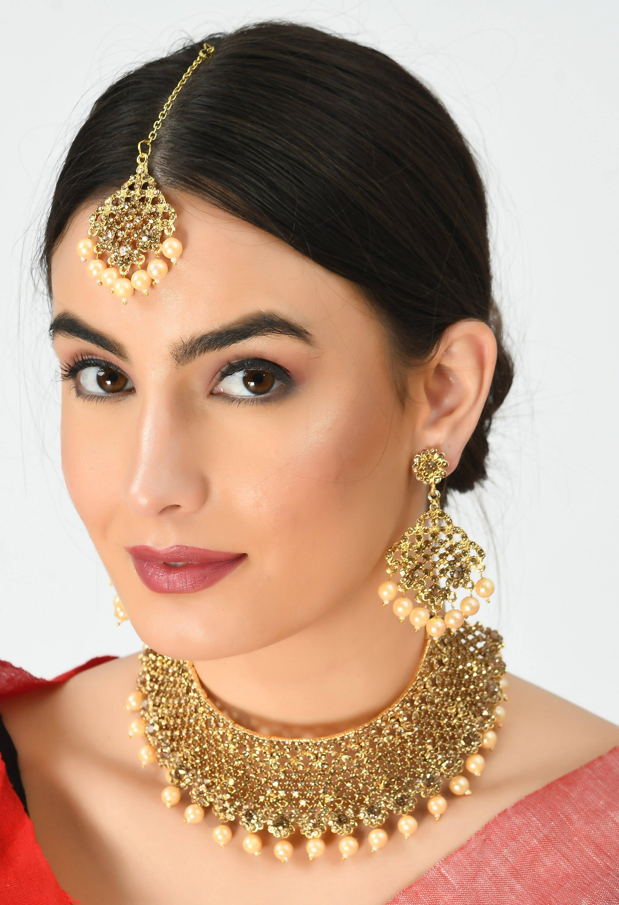 Johar Kamal Gold-Plated Golden Necklace & Pearls with Earrings ,Tikka Jkms_160
