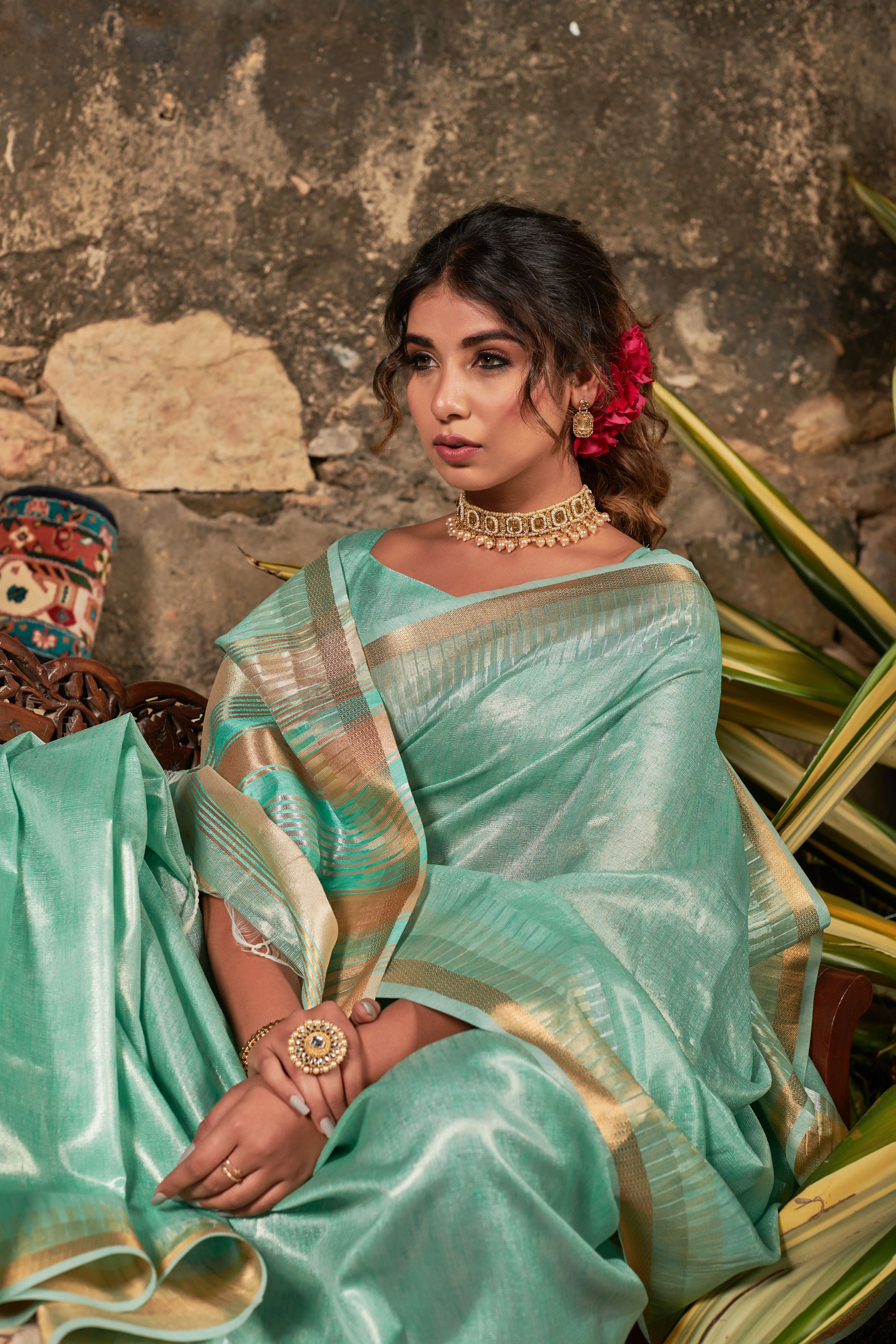 Women's Sea Green Woven Maheshwari Silk Saree with Tassels - Vishnu Weaves