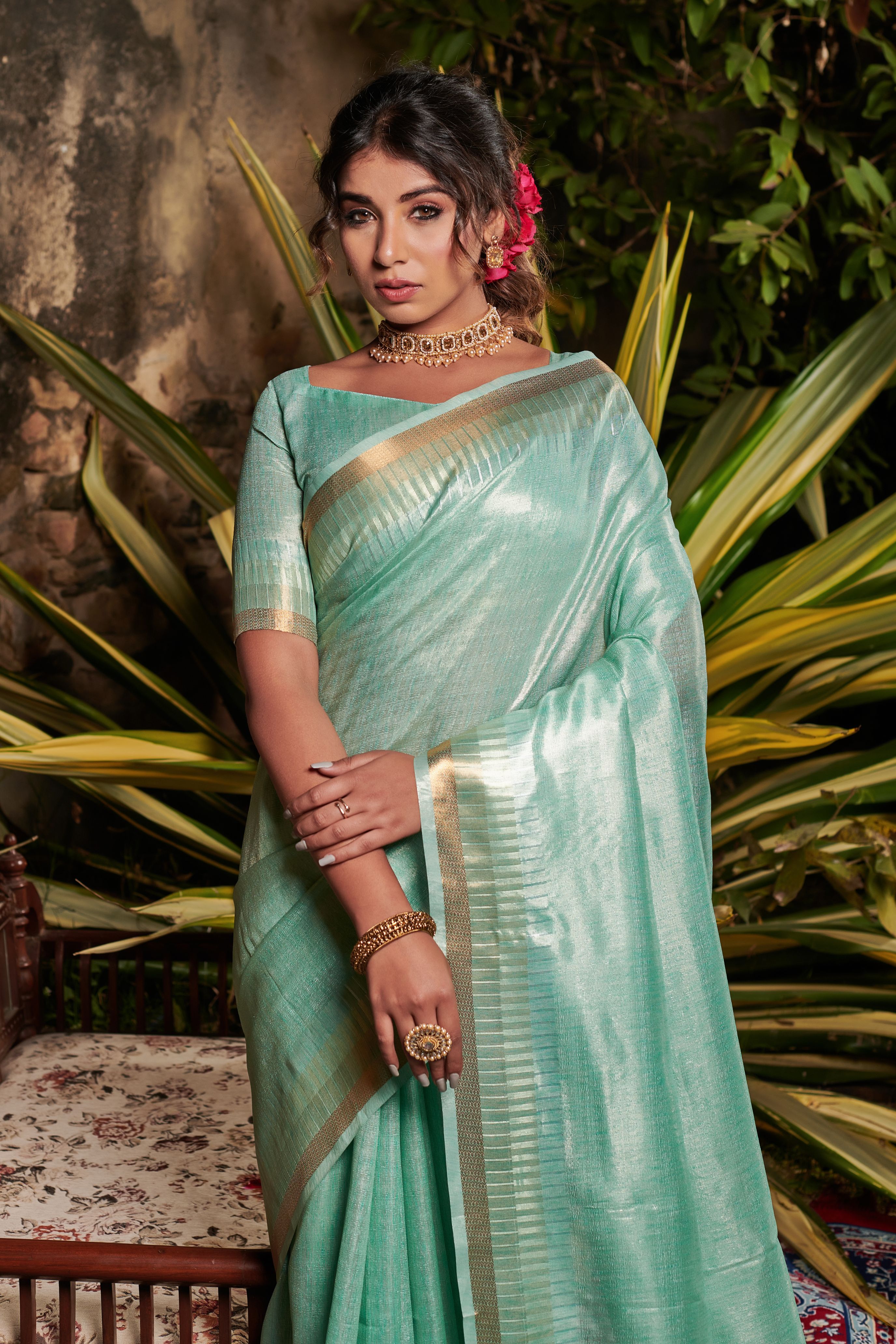 Women's Sea Green Woven Maheshwari Silk Saree with Tassels - Vishnu Weaves
