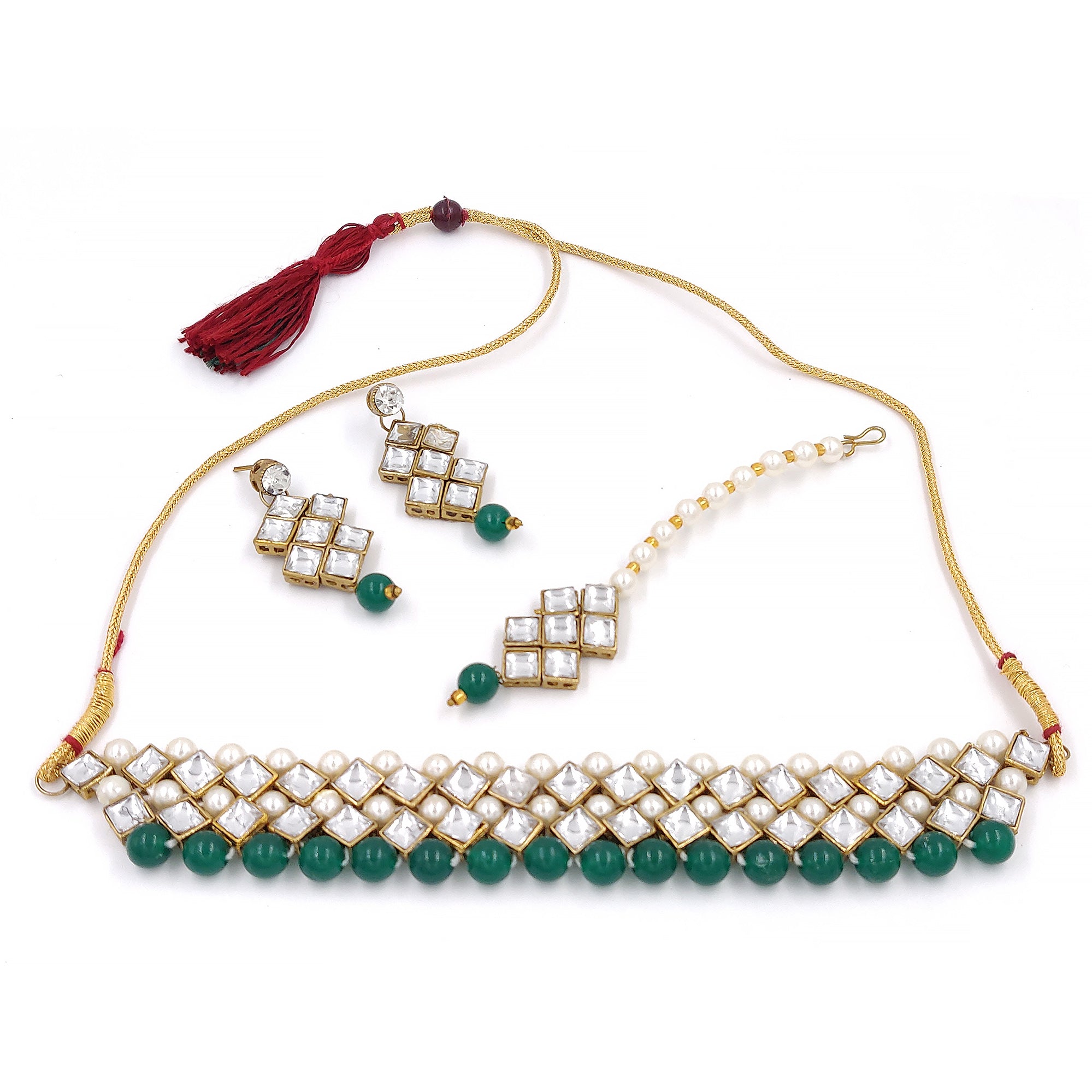 Women's Stylish Kundan And Dark Green Beads Choker Set  - Zaffre Collections