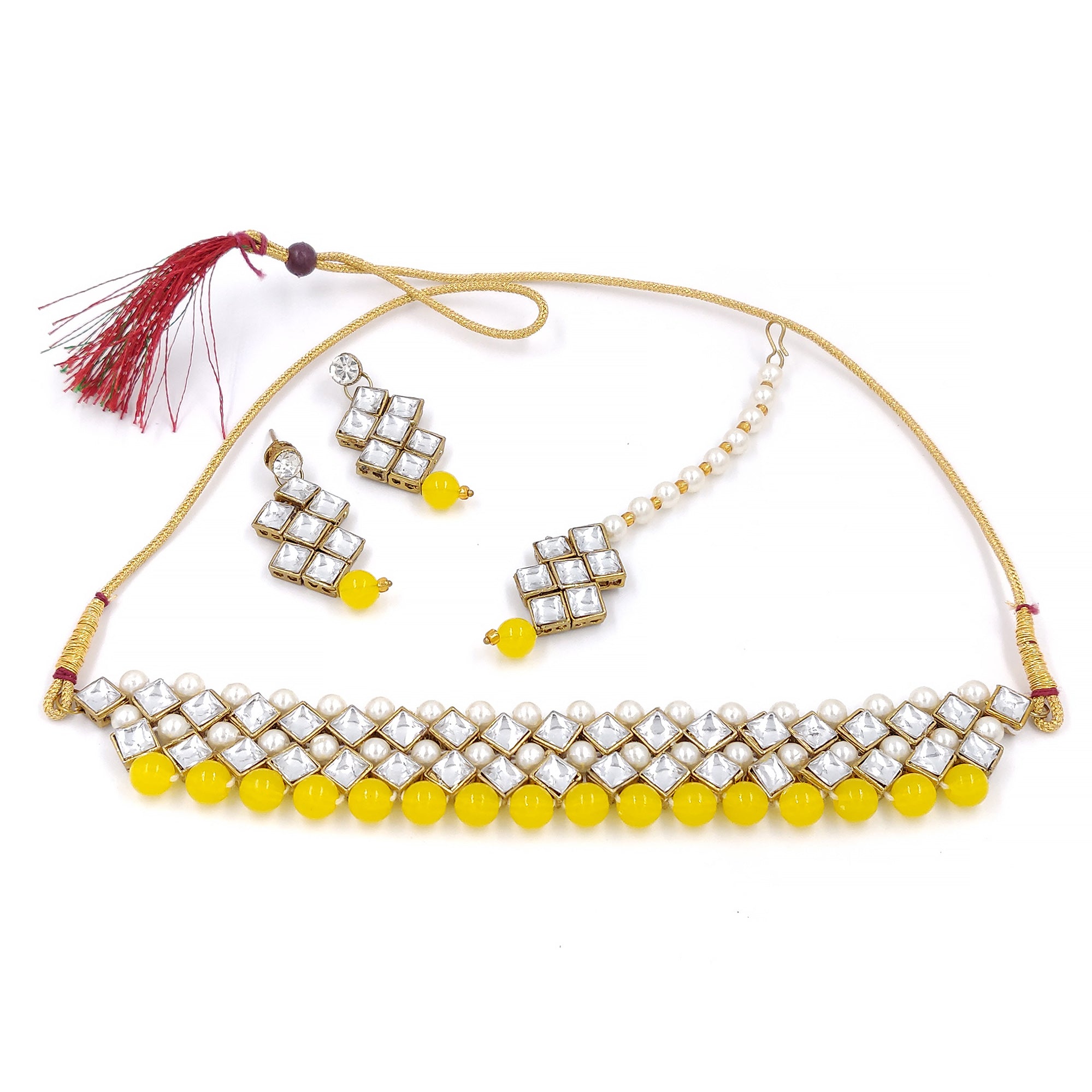 Women's Stylish Kundan And Yellow Beads Choker Set  - Zaffre Collections
