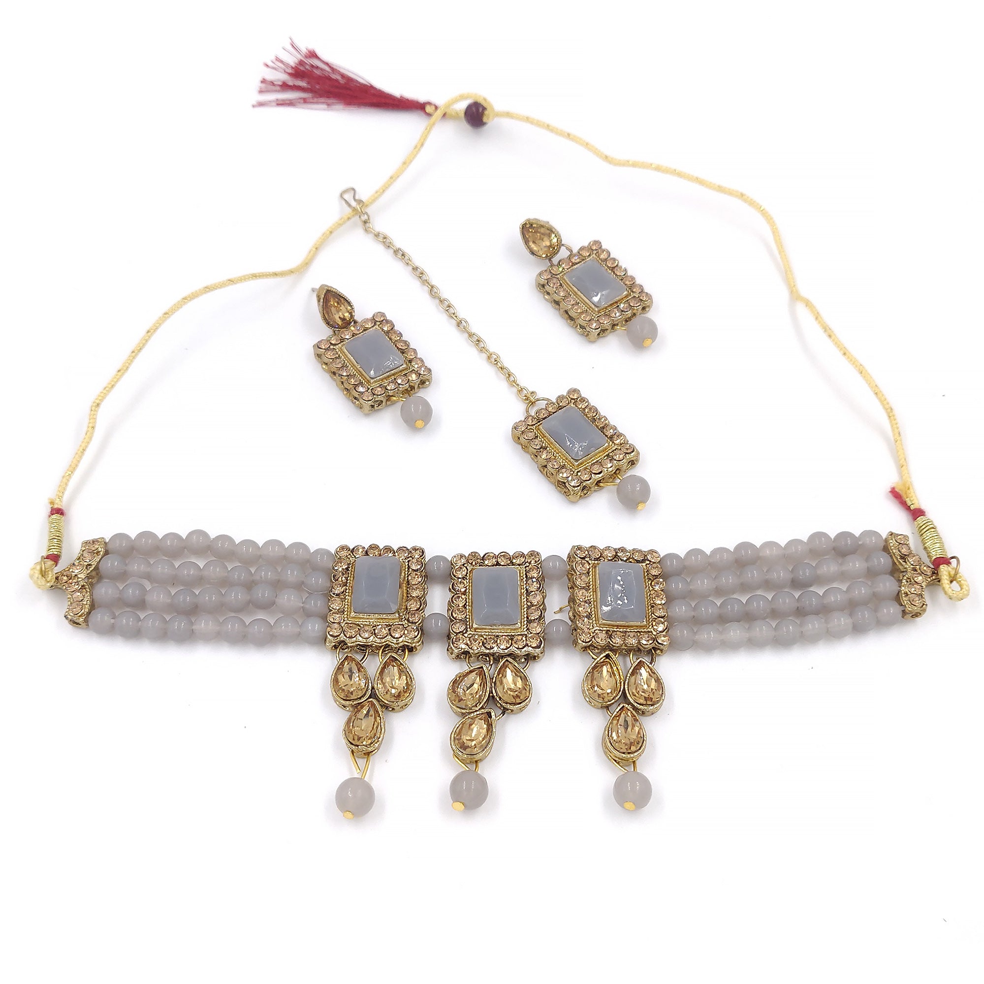 Women's Multistrand Grey Beads And Stones Traditional Choker Necklace & Maang Tikka  - Zaffre Collections