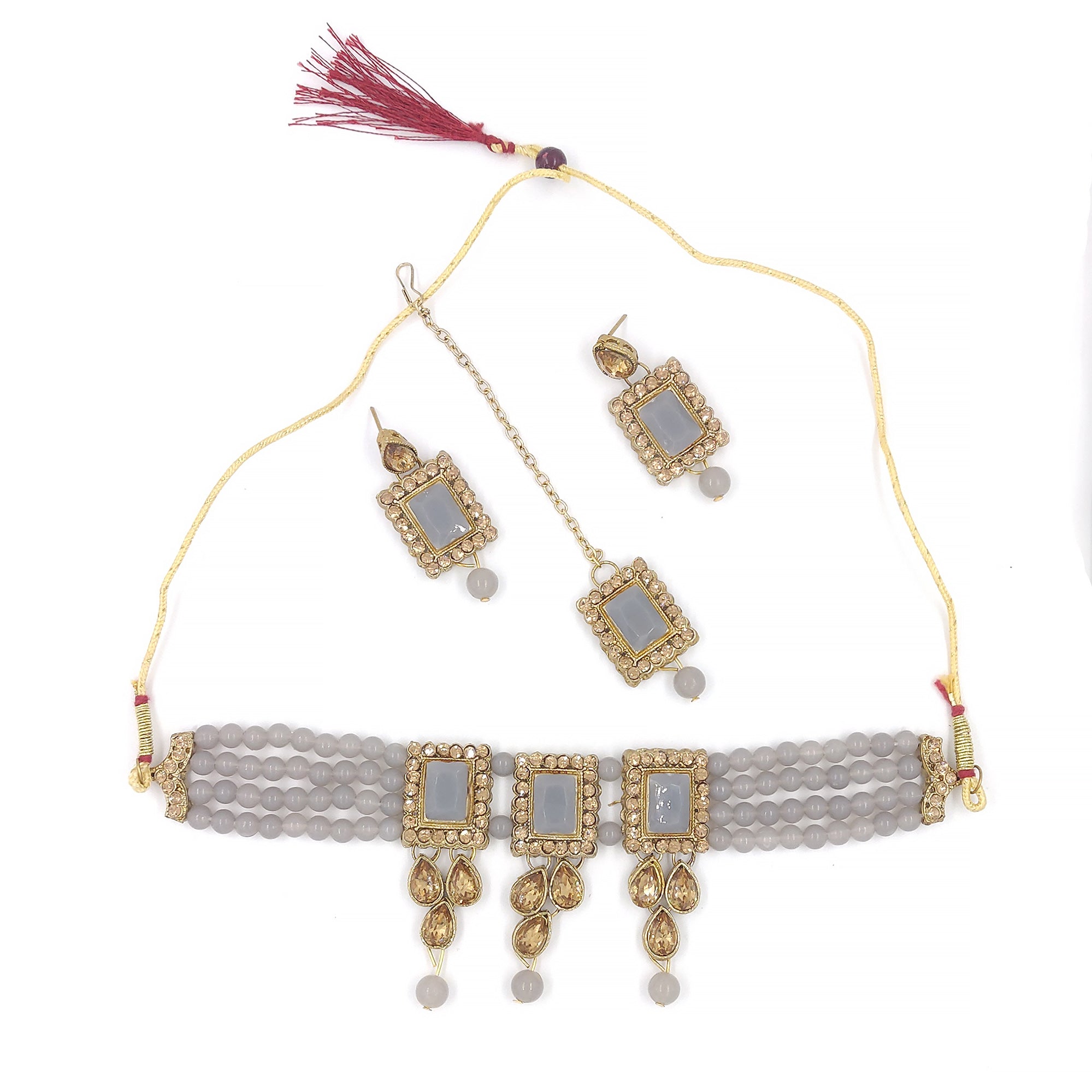 Women's Multistrand Grey Beads And Stones Traditional Choker Necklace & Maang Tikka  - Zaffre Collections