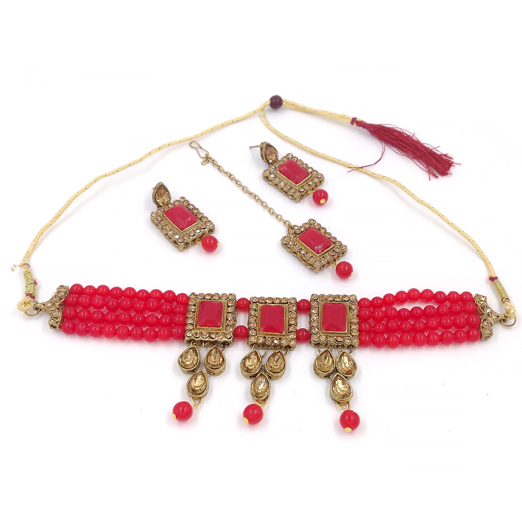 Women's Multistrand Red Beads And Stones Traditional Choker Necklace & Maang Tikka  - Zaffre Collections