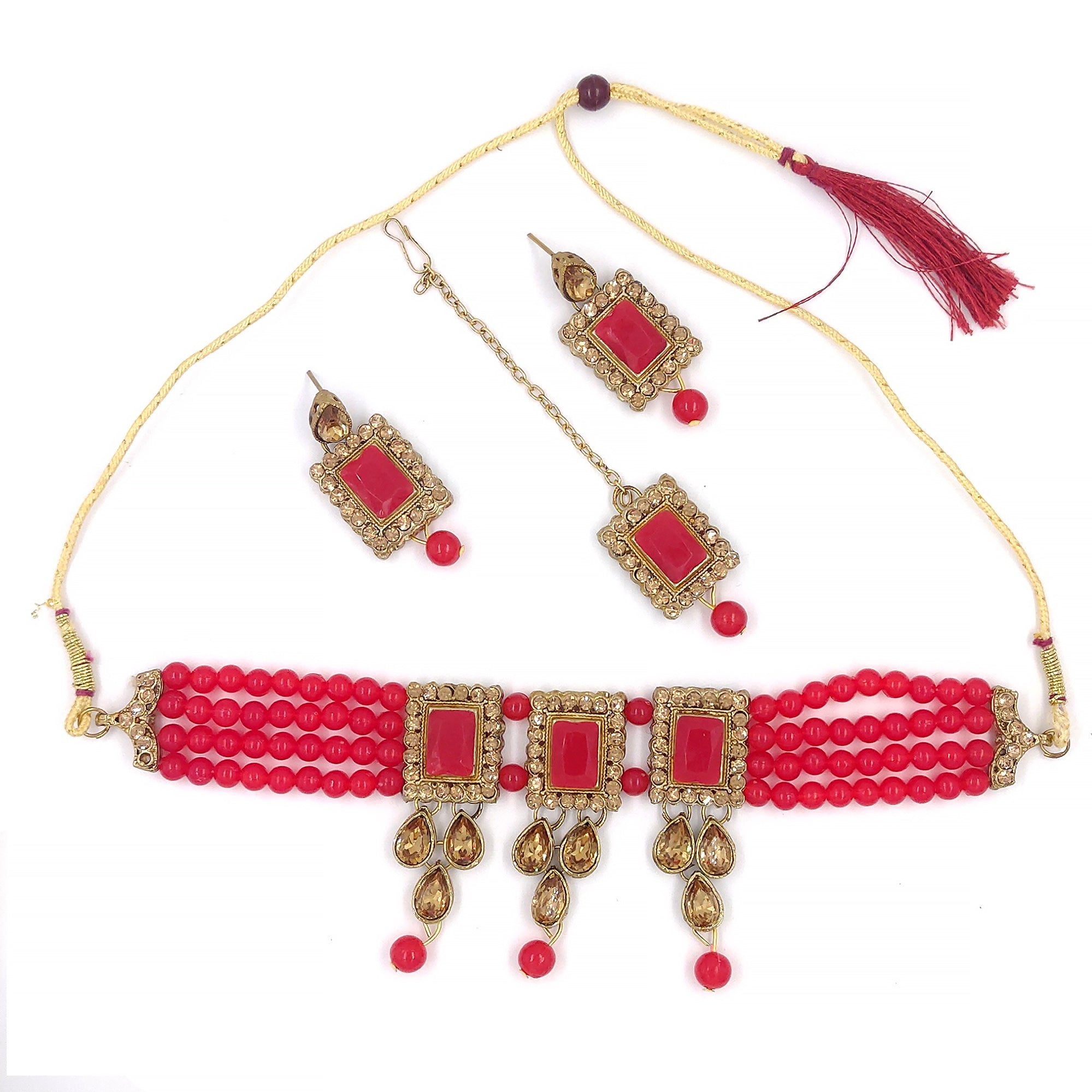 Women's Multistrand Red Beads And Stones Traditional Choker Necklace & Maang Tikka  - Zaffre Collections