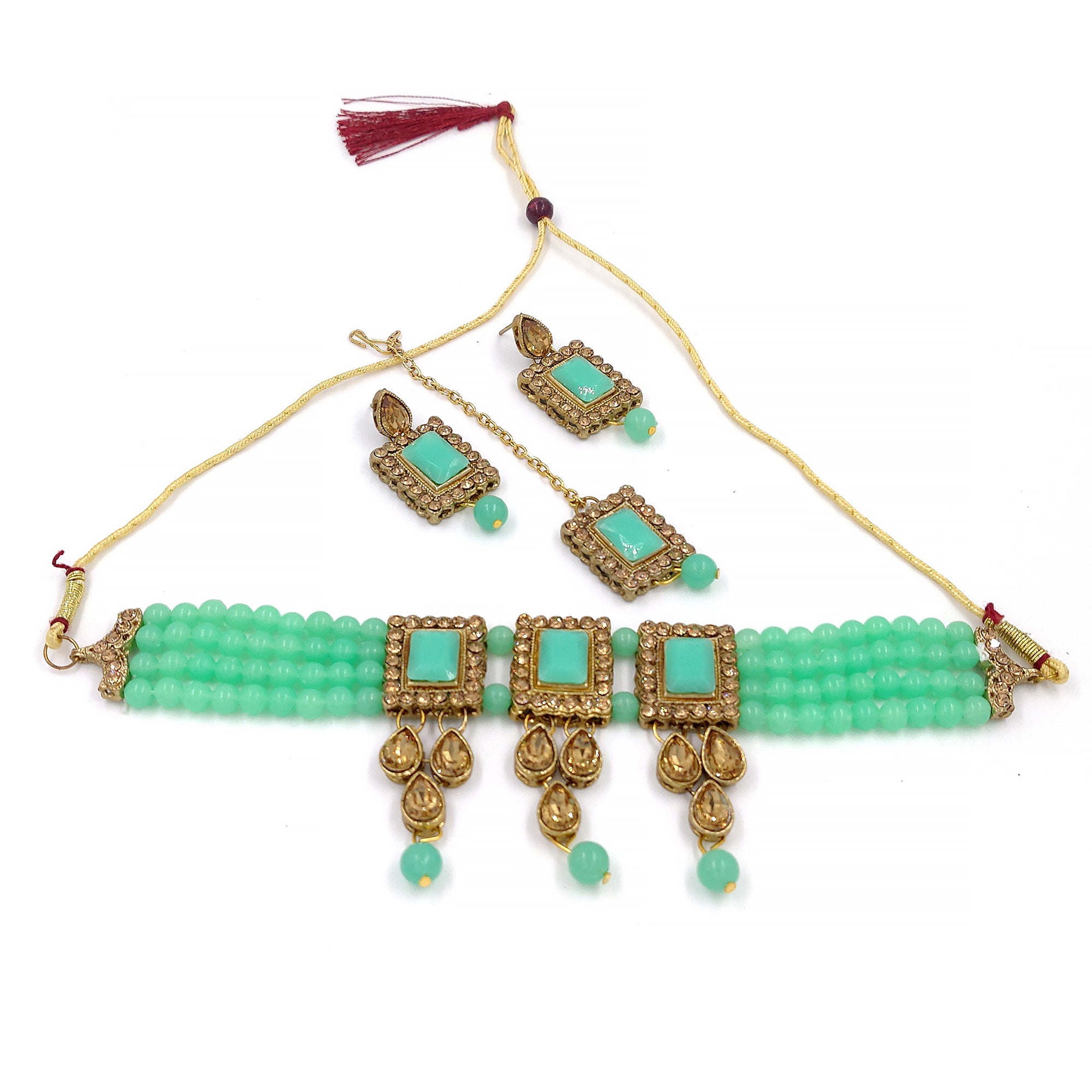 Women's Multistrand Sea Green Beads And Stones Traditional Choker Necklace & Maang Tikka  - Zaffre Collections