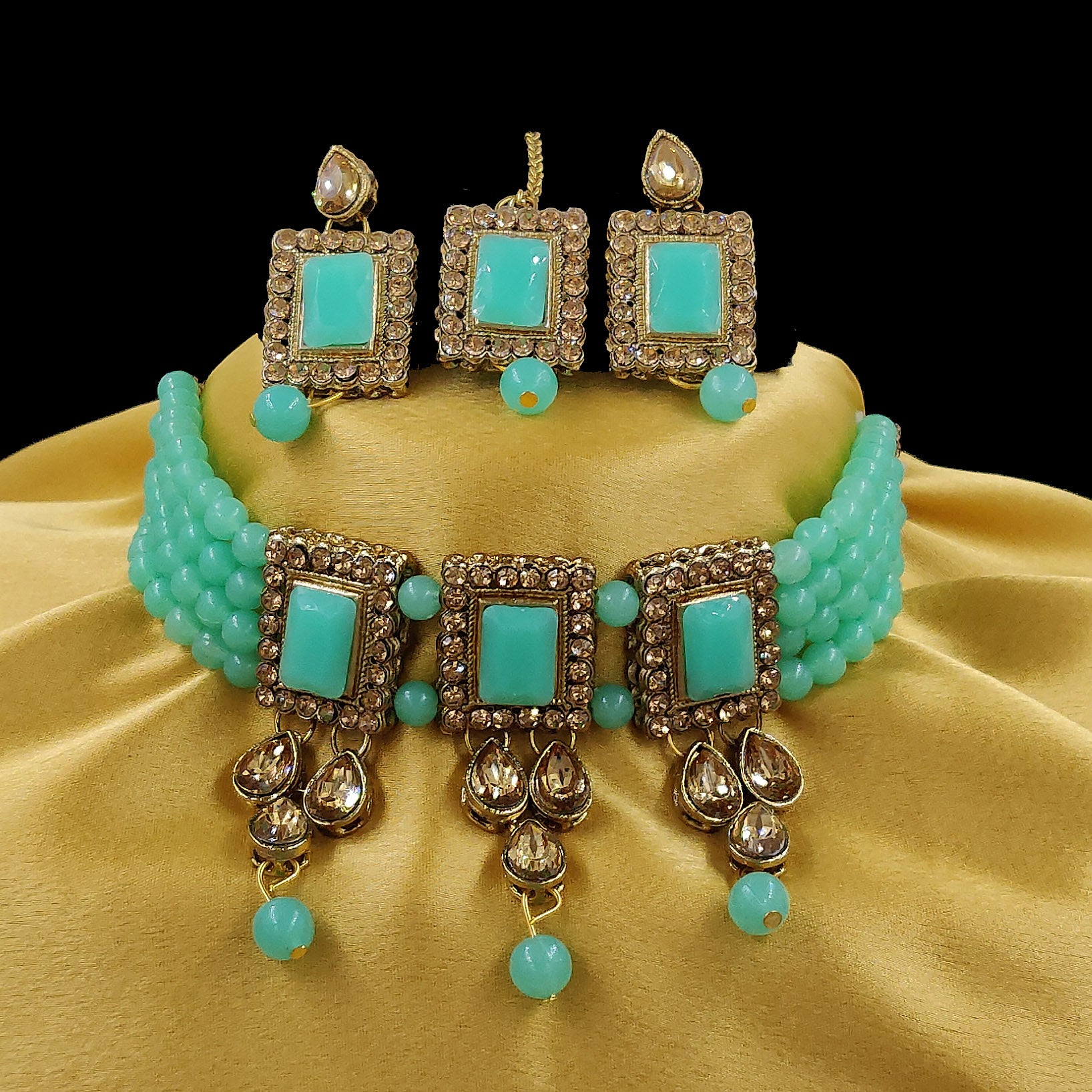 Women's Multistrand Sea Green Beads And Stones Traditional Choker Necklace & Maang Tikka  - Zaffre Collections