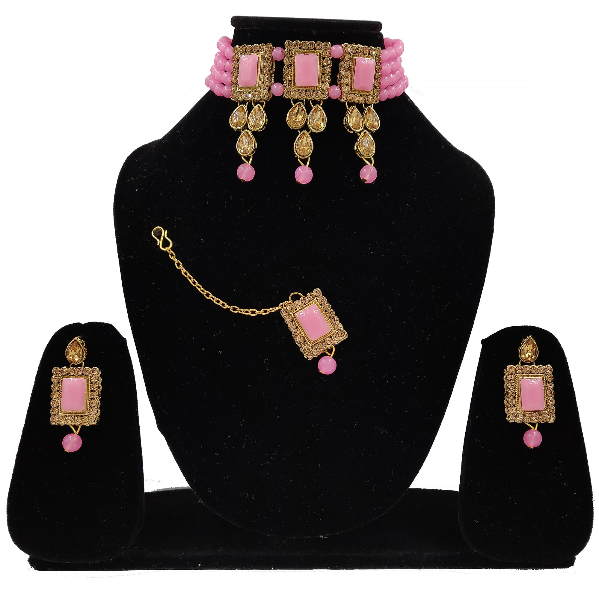 Women's Multistrand Pink Beads And Stones Traditional Choker Necklace & Maang Tikka  - Zaffre Collections