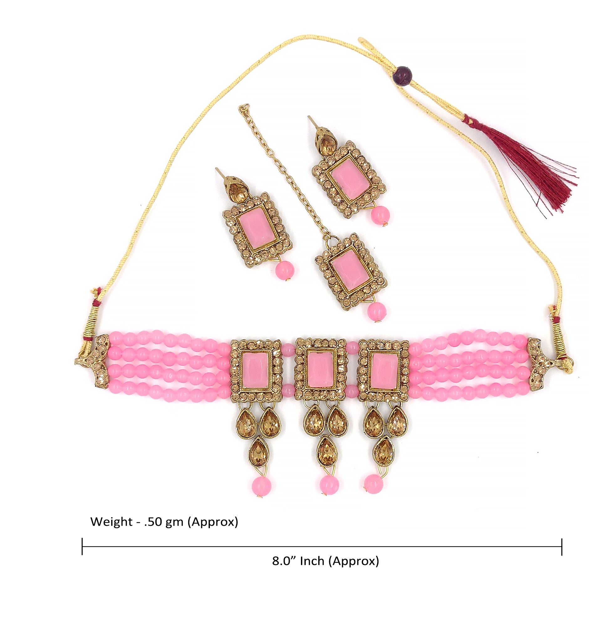 Women's Multistrand Pink Beads And Stones Traditional Choker Necklace & Maang Tikka  - Zaffre Collections