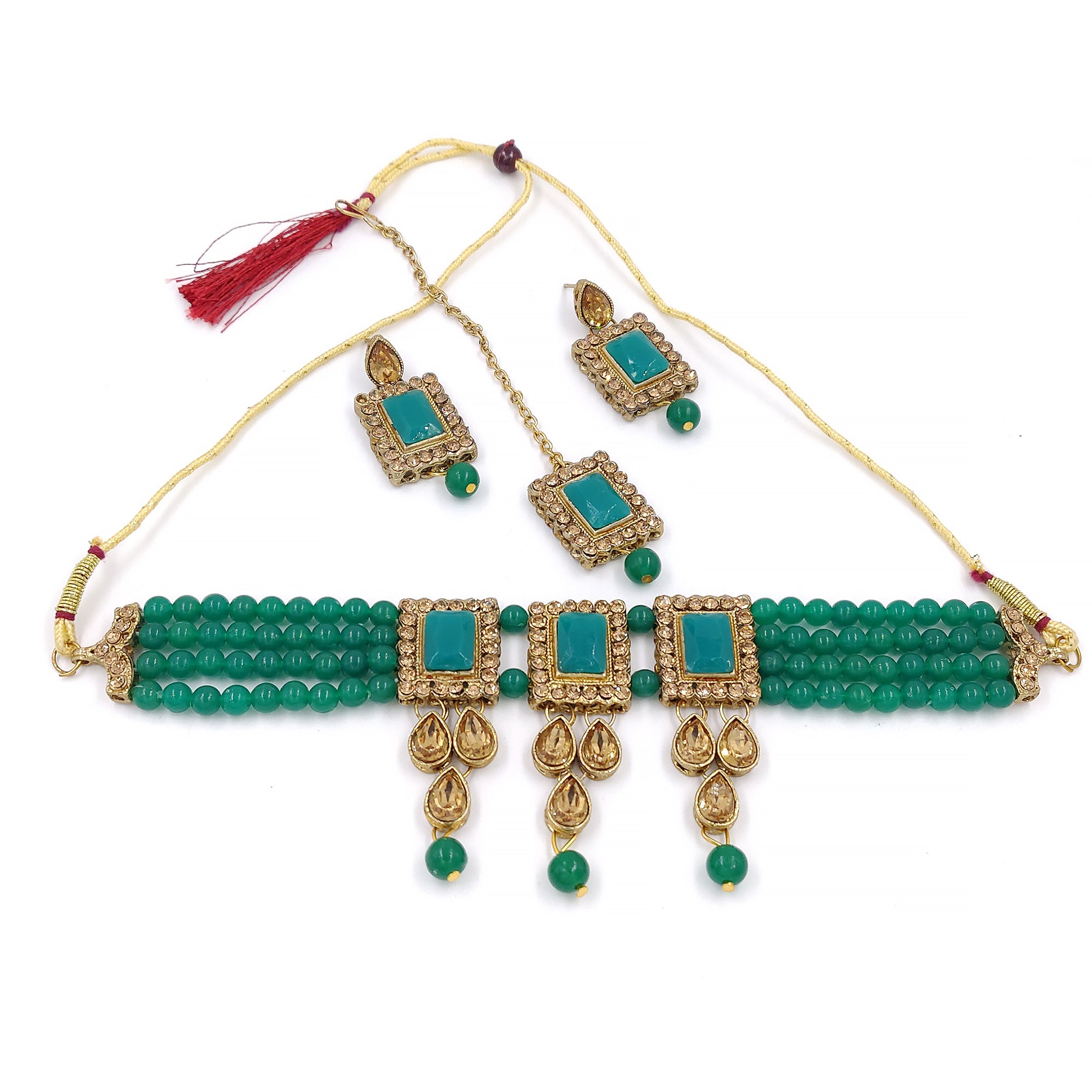 Women's Multistrand Dark Green Beads And Stones Traditional Choker Necklace & Maang Tikka  - Zaffre Collections