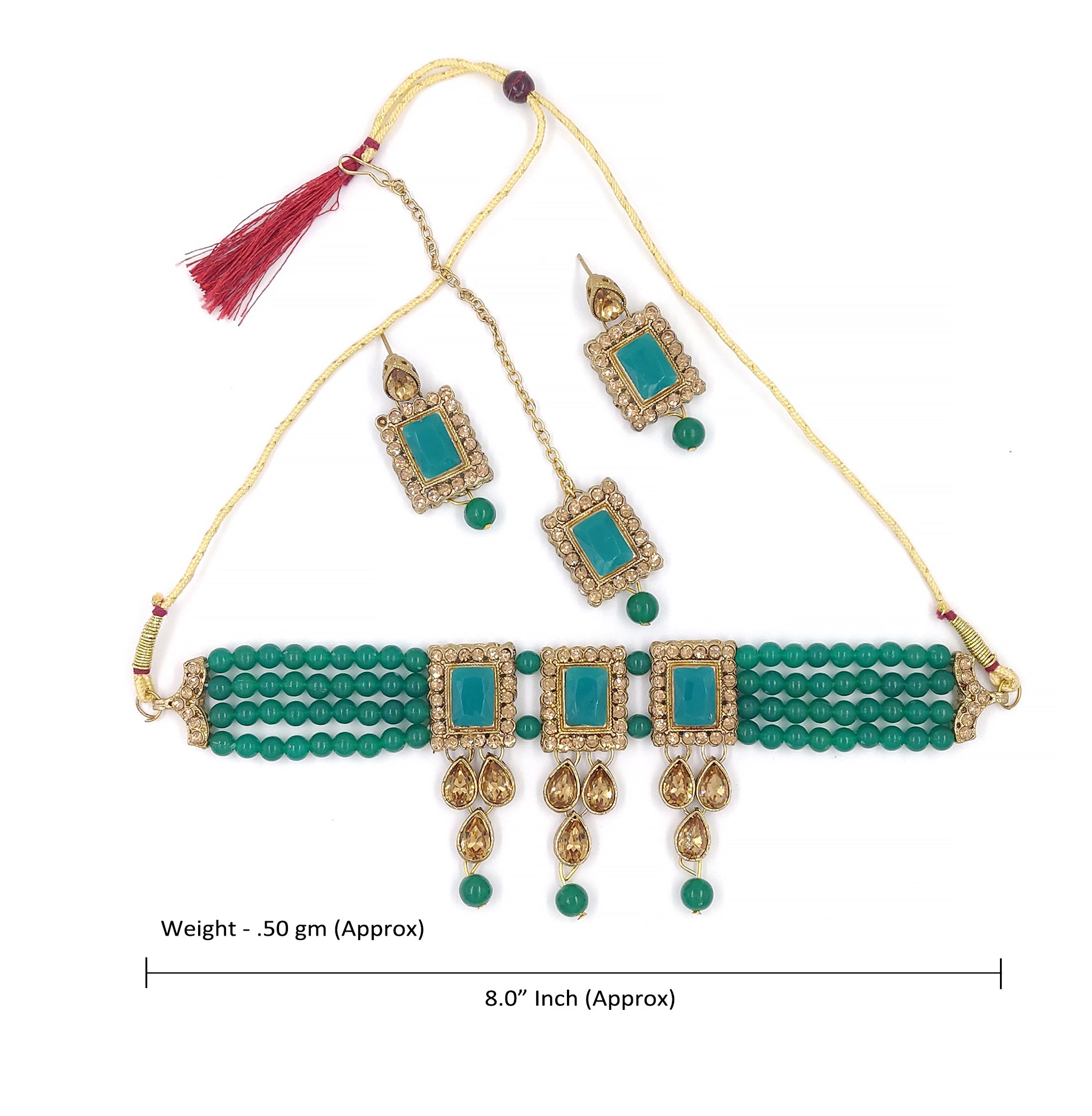 Women's Multistrand Dark Green Beads And Stones Traditional Choker Necklace & Maang Tikka  - Zaffre Collections