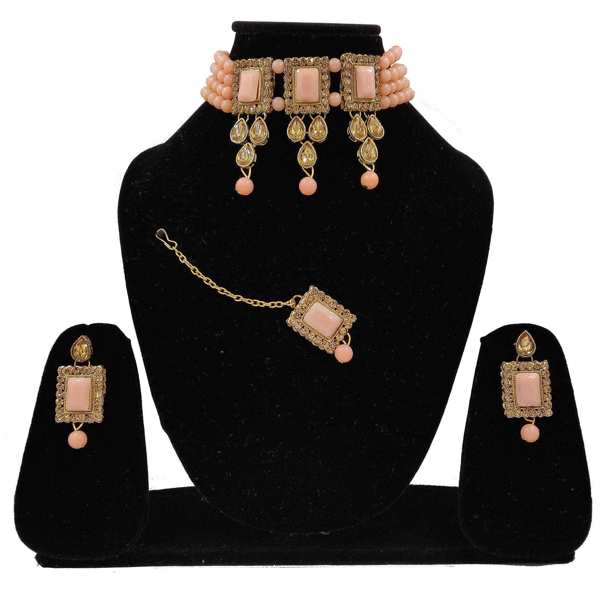 Women's Multistrand Peach Beads And Stones Traditional Choker Necklace & Maang Tikka  - Zaffre Collections