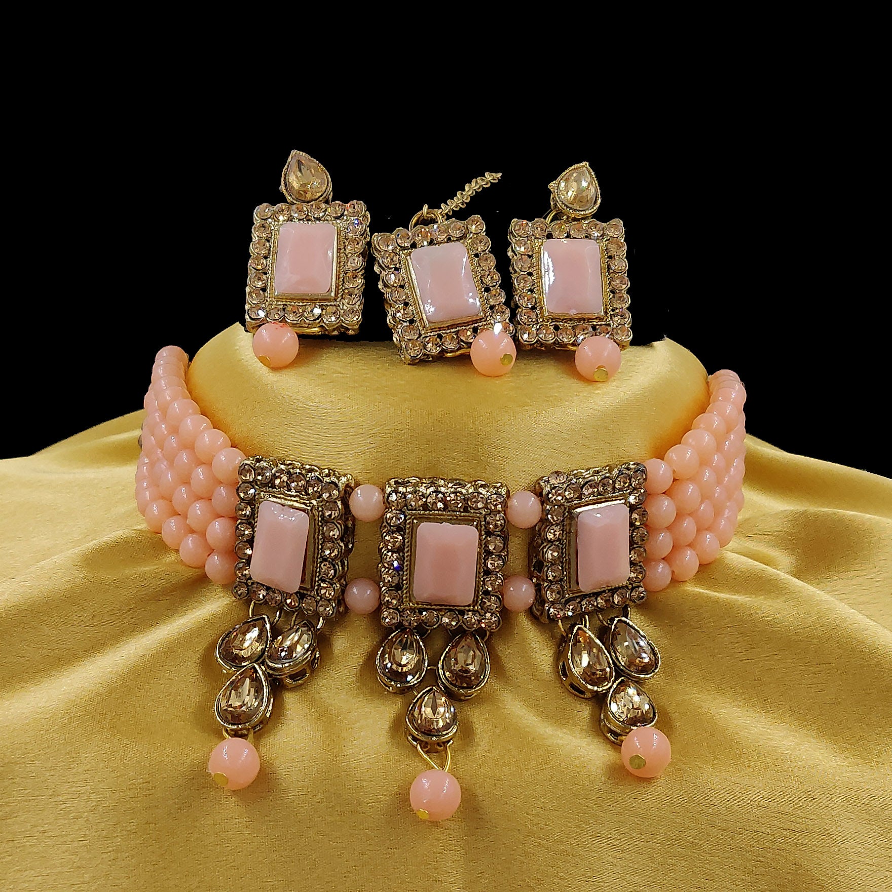 Women's Multistrand Peach Beads And Stones Traditional Choker Necklace & Maang Tikka  - Zaffre Collections