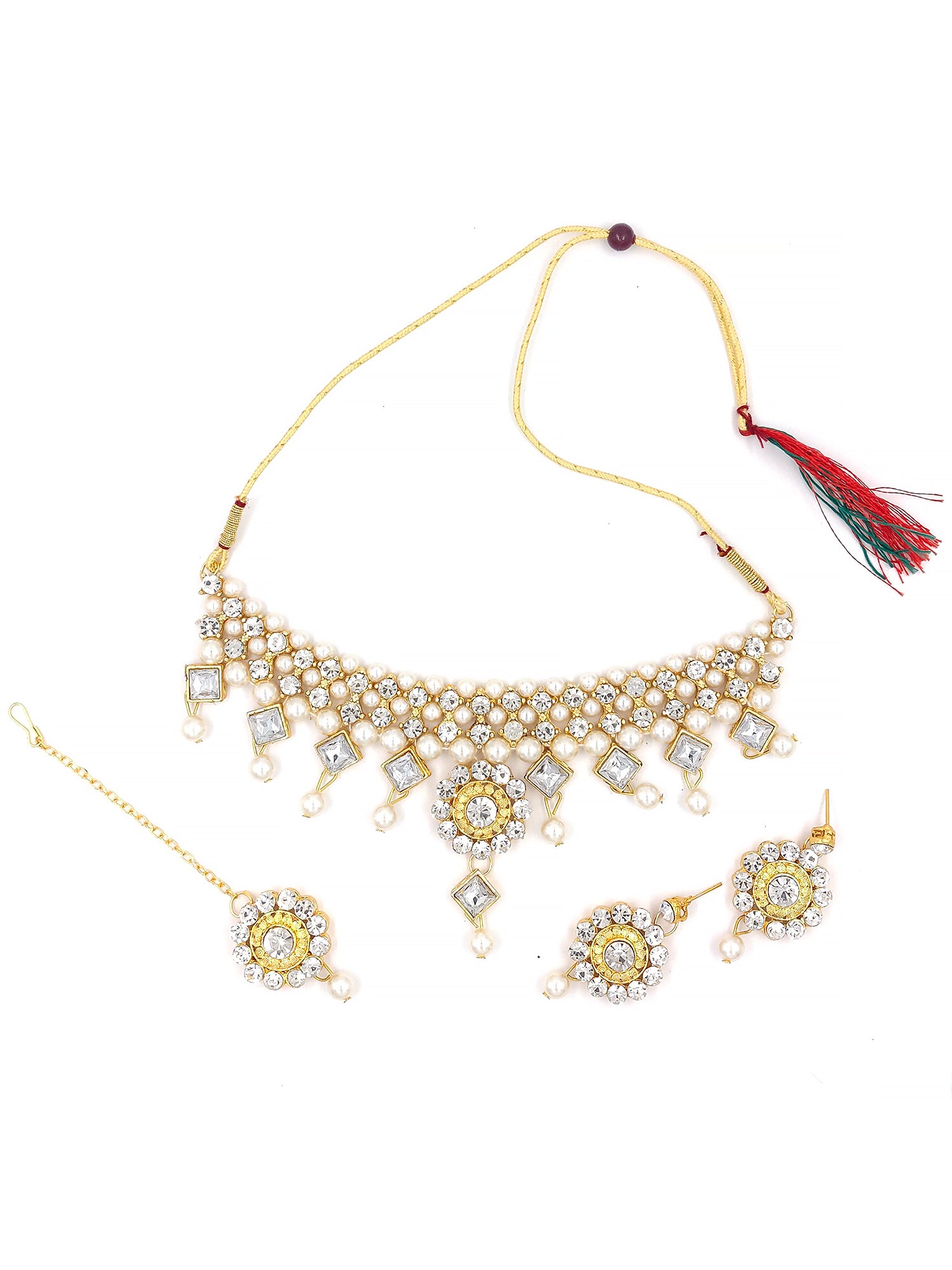 Women's Stylish White Choker Necklace With Maang Tikka Earrings  - Zaffre Collections