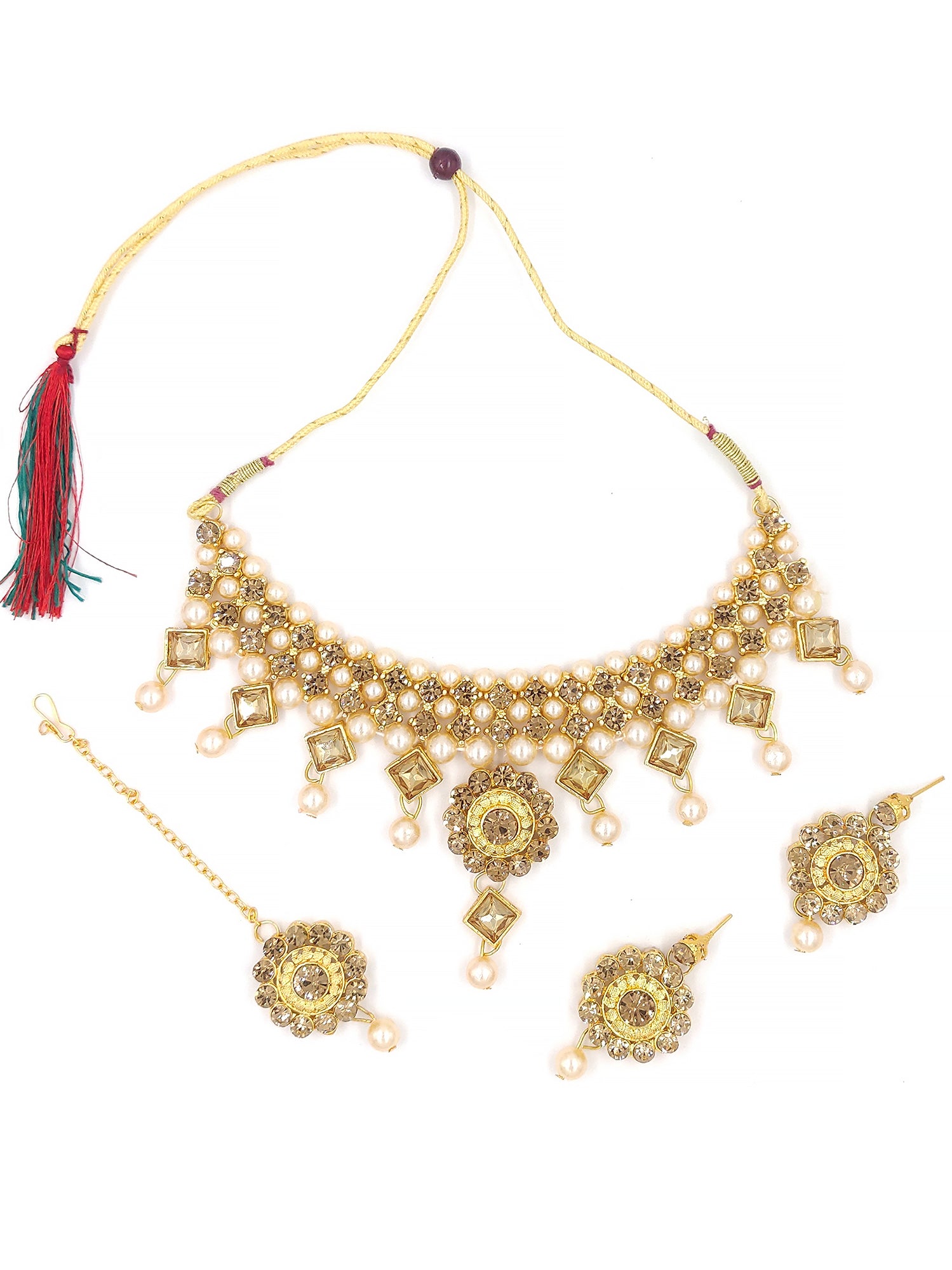 Women's Stylish Gold Choker Necklace With Maang Tikka Earrings  - Zaffre Collections
