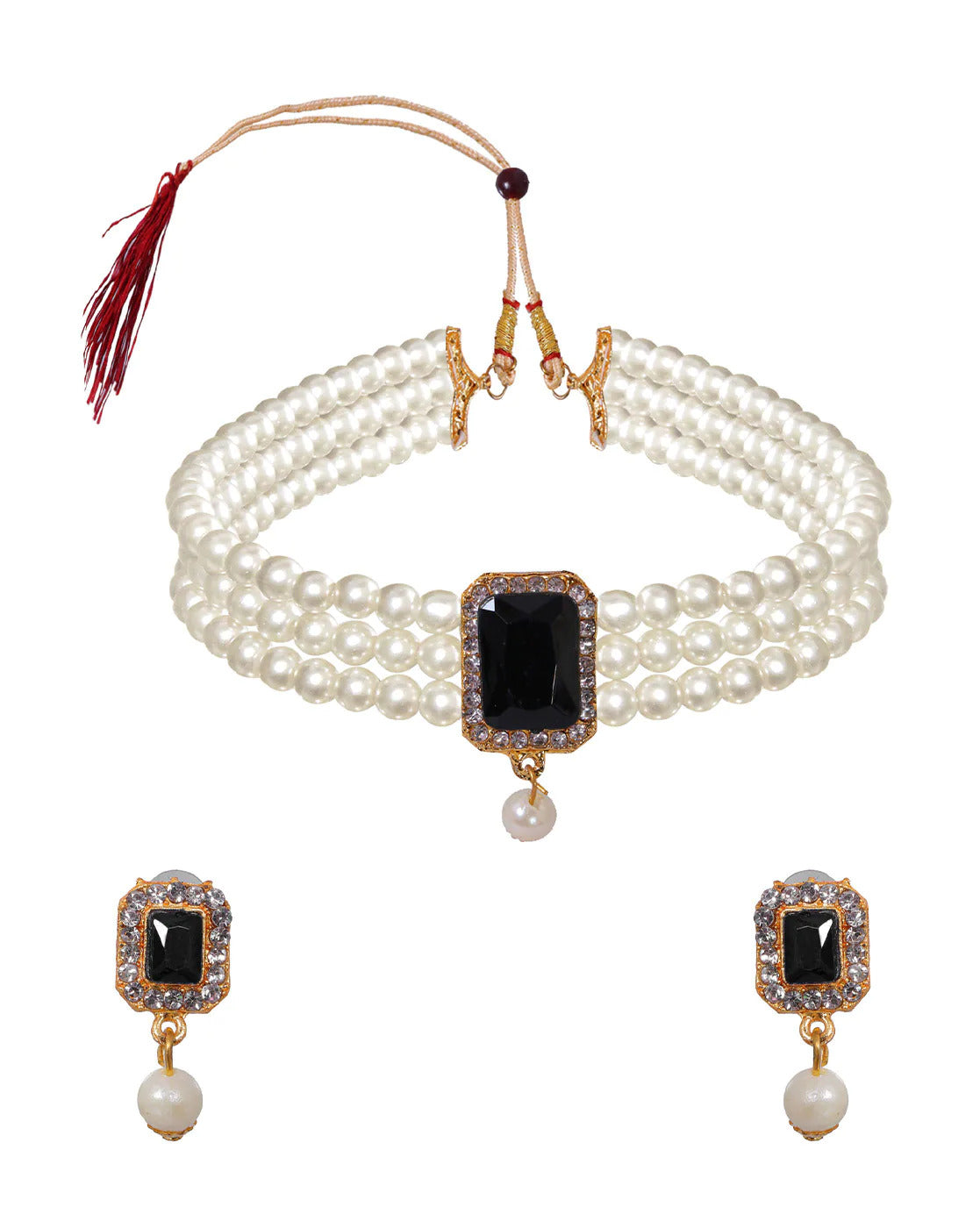 Women's Attractive White Pearls With Black Stone Choker  - Zaffre Collections