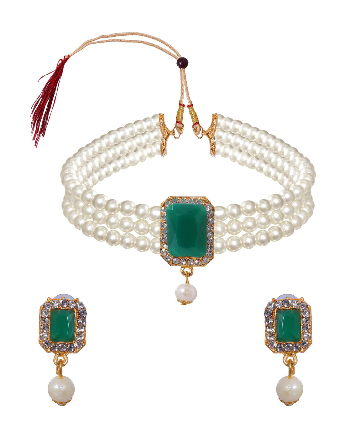 Women's Attractive White Pearls With Green Stone Choker  - Zaffre Collections